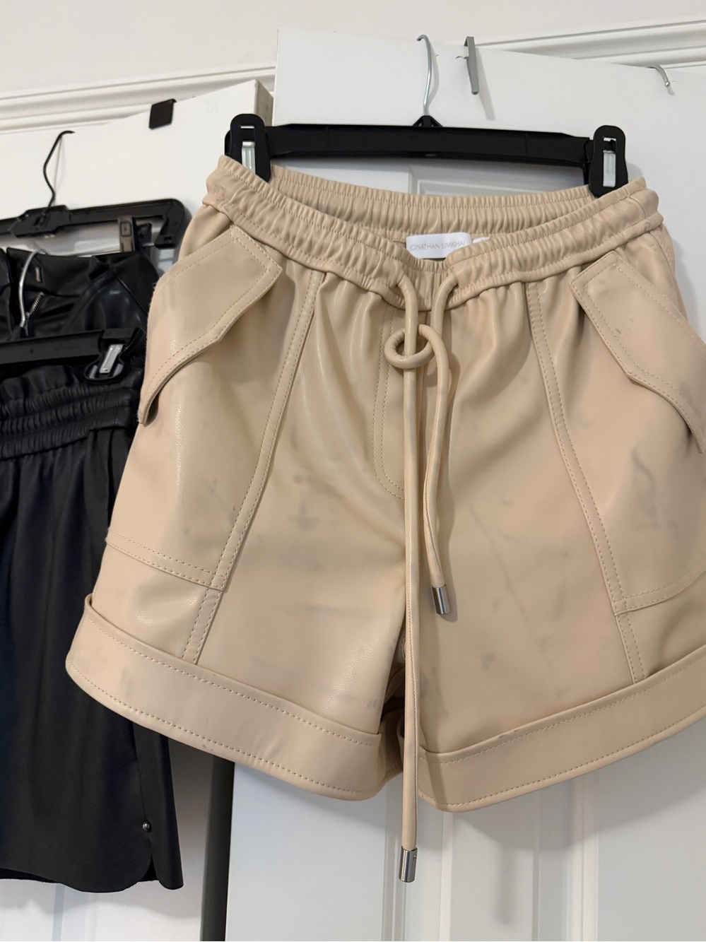 Jonathan Simkhai Beige Faux-Leather Drawstring Shorts